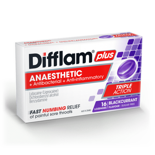 DIFFLAM PLUS ANAESTHETIC TRIPLE ACTION BLACKCURRANT 16 LOZENGES