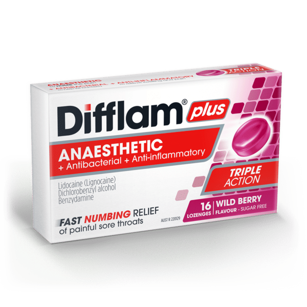 DIFFLAM PLUS ANAESTHETIC TRIPLE ACTION WILD BERRY 16 LOZENGES