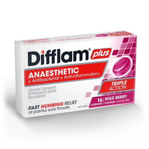 DIFFLAM PLUS ANAESTHETIC TRIPLE ACTION WILD BERRY 16 LOZENGES