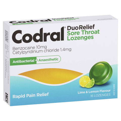 CODRAL DUO RELIEF SORE THROAT LIME & LEMON 16 LOZENGES